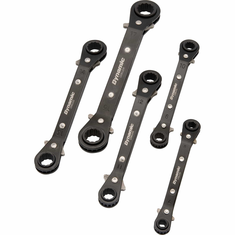 Wrench Set, 5pc, Metric, Double Box End, Reversible Ratcheting, 15° Offset